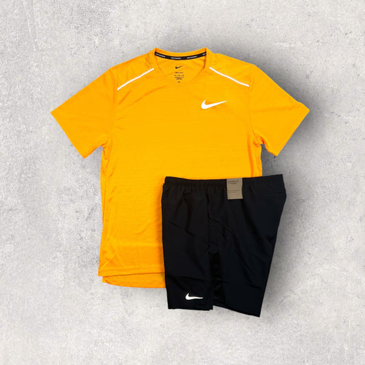 NIKE MILER 1.0 T-SHIRT/SHORT SET - LASER ORANGE/BLACK