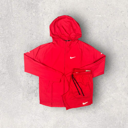NIKE REPEL MILER WINDRUNNER JACKET UNIVERSITY RED & RED FLEX STRIDE SHORTS SET